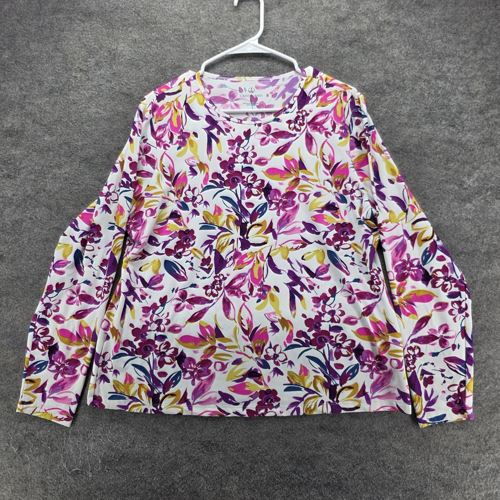Lands' End T-Shirt Womens XL Multicolor Floral Crew Neck Long Sleeve Stretch